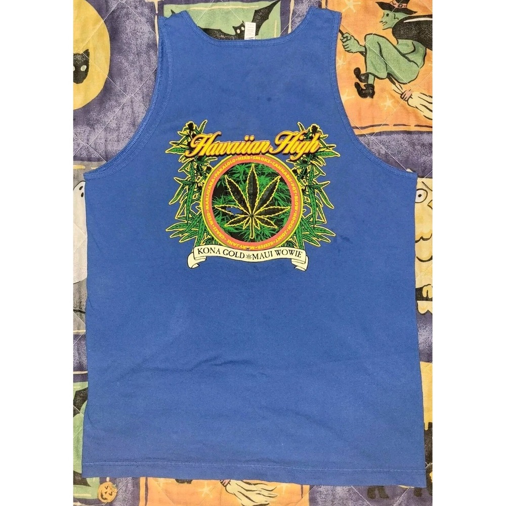 Hawaiian Marijuana Tank Top Pakalolo Kona Gold Maui Wowie Shirt Blue Men's Large